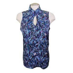 Zoe Skye Blouse Top Womens XL Ruffles Keyhole Sleeveless Blue Romantic Satiny